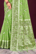 Leaf Green Cotton Blend Woven Work Traditional Saree