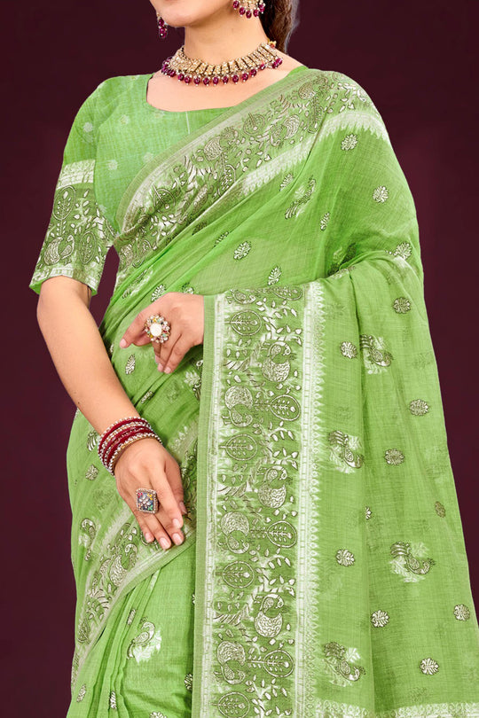 Leaf Green Cotton Blend Woven Work Traditional Saree