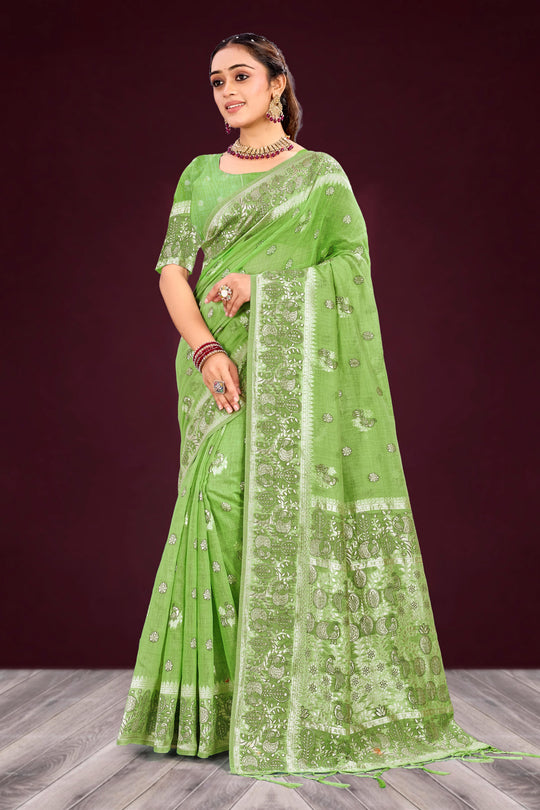 Leaf Green Cotton Blend Woven Work Traditional Saree