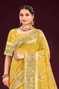 Mustard Yellow Cotton Blend Woven Work Traditional Saree