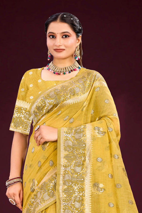 Mustard Yellow Cotton Blend Woven Work Traditional Saree