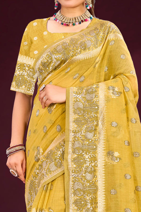 Mustard Yellow Cotton Blend Woven Work Traditional Saree