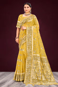 Mustard Yellow Cotton Blend Woven Work Traditional Saree