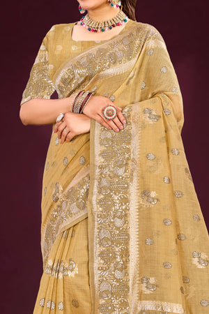 Antique Gold Cotton Blend Woven Work Traditional Saree