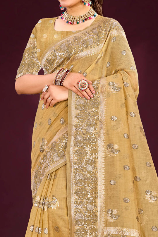 Antique Gold Cotton Blend Woven Work Traditional Saree