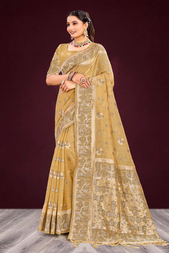 Antique Gold Cotton Blend Woven Work Traditional Saree