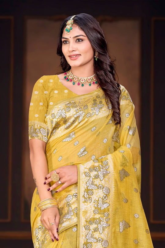 Mustard Yellow Cotton Blend Woven Work Traditional Saree