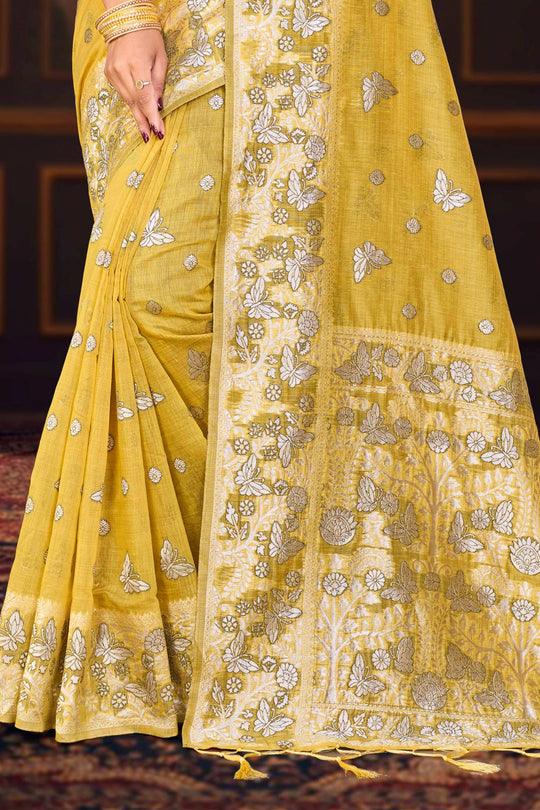 Mustard Yellow Cotton Blend Woven Work Traditional Saree