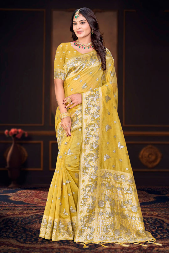 Mustard Yellow Cotton Blend Woven Work Traditional Saree