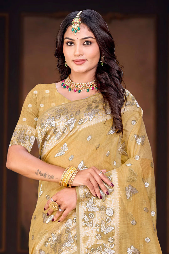 Dusty Mustard Cotton Blend Woven Work Traditional Saree