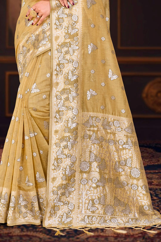 Dusty Mustard Cotton Blend Woven Work Traditional Saree