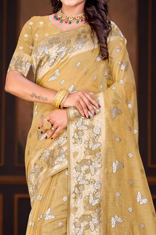 Dusty Mustard Cotton Blend Woven Work Traditional Saree