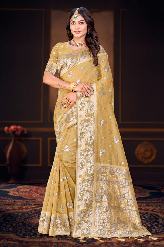 Dusty Mustard Cotton Blend Woven Work Traditional Saree