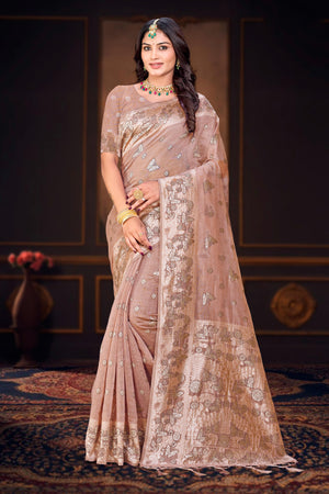 Dusty Rose Cotton Blend Woven Work Traditional Saree