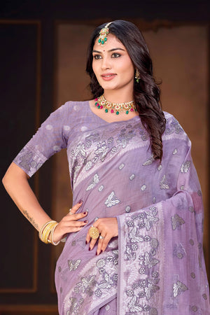 Lavender Purple Cotton Blend Woven Work Traditional Saree