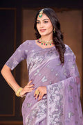 Lavender Purple Cotton Blend Woven Work Traditional Saree