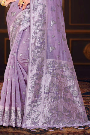 Lavender Purple Cotton Blend Woven Work Traditional Saree