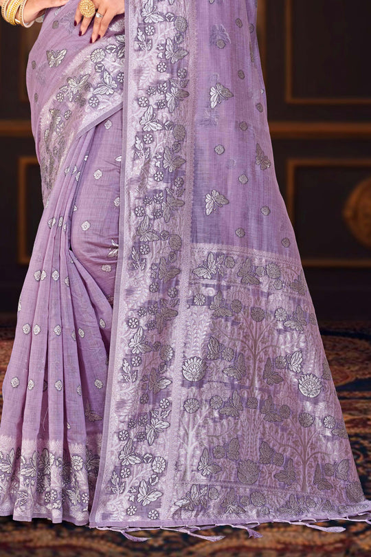 Lavender Purple Cotton Blend Woven Work Traditional Saree
