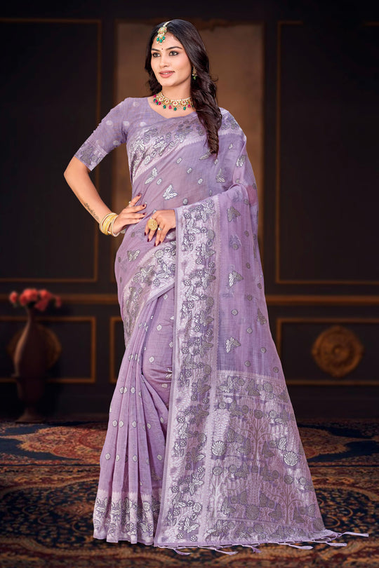 Lavender Purple Cotton Blend Woven Work Traditional Saree