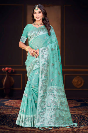 Aqua Green Cotton Blend Woven Work Traditional Saree