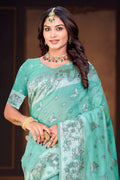 Aqua Green Cotton Blend Woven Work Traditional Saree