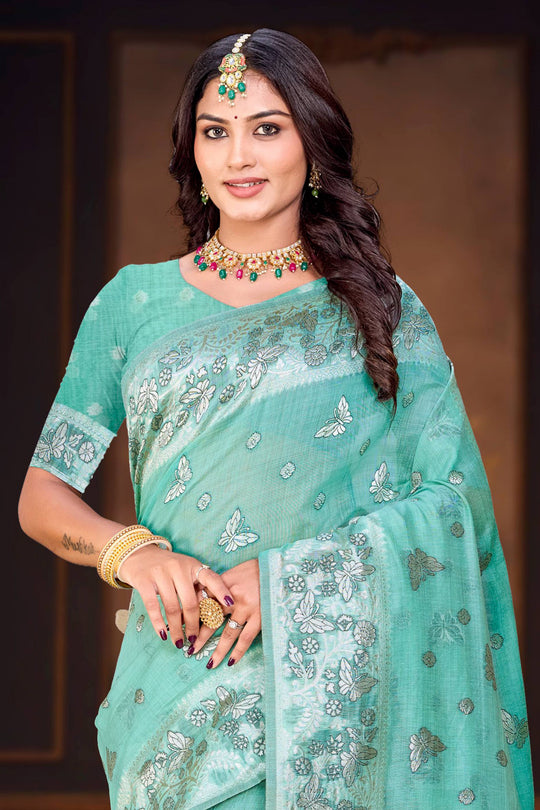 Aqua Green Cotton Blend Woven Work Traditional Saree