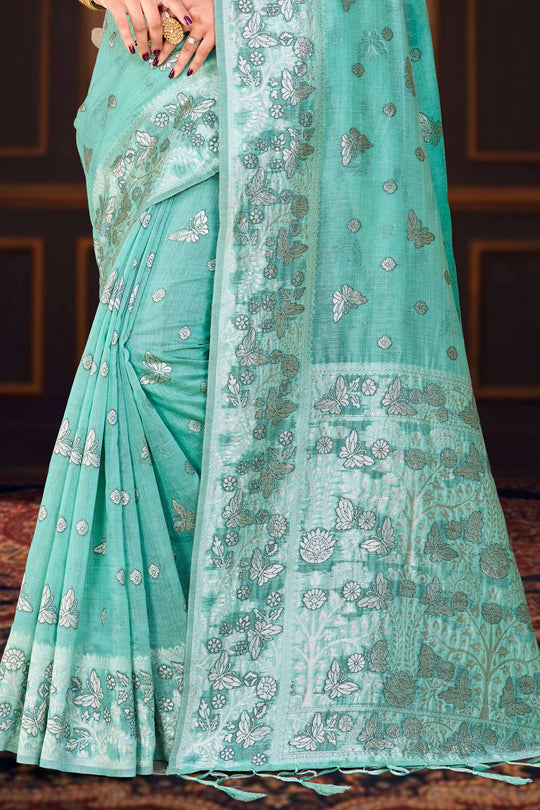 Aqua Green Cotton Blend Woven Work Traditional Saree
