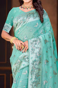Aqua Green Cotton Blend Woven Work Traditional Saree