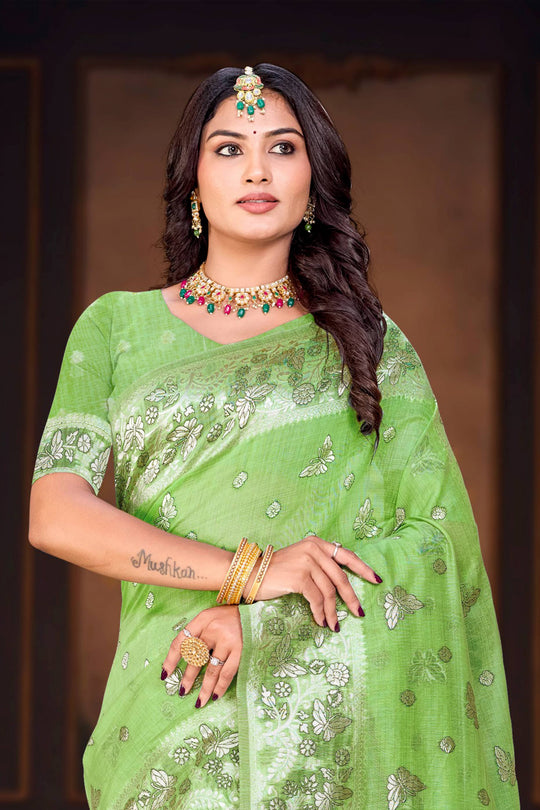 Leaf Green Cotton Blend Woven Work Traditional Saree