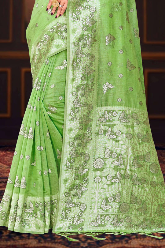 Leaf Green Cotton Blend Woven Work Traditional Saree