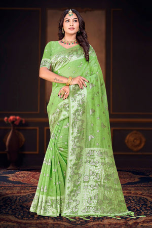 Leaf Green Cotton Blend Woven Work Traditional Saree