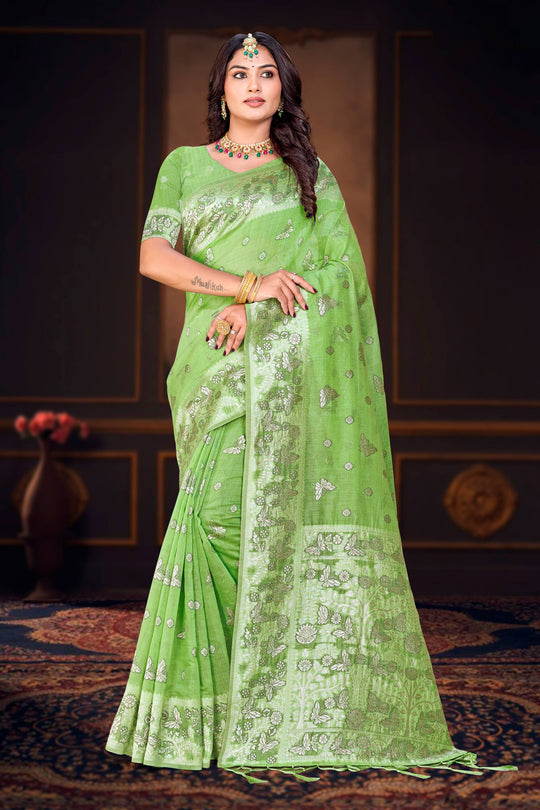 Leaf Green Cotton Blend Woven Work Traditional Saree
