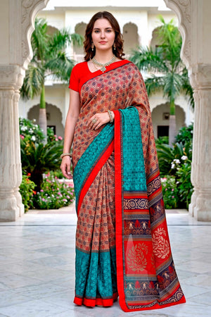Beige Teal Red Cotton Blend Woven Work Traditional Saree