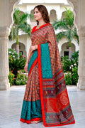 Beige Teal Red Cotton Blend Woven Work Traditional Saree