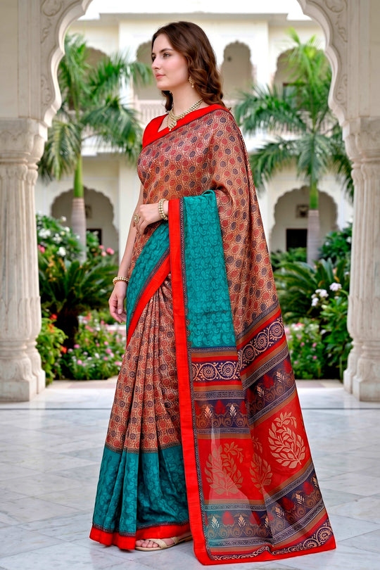 Beige Teal Red Cotton Blend Woven Work Traditional Saree