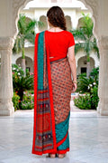 Beige Teal Red Cotton Blend Woven Work Traditional Saree