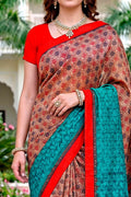 Beige Teal Red Cotton Blend Woven Work Traditional Saree