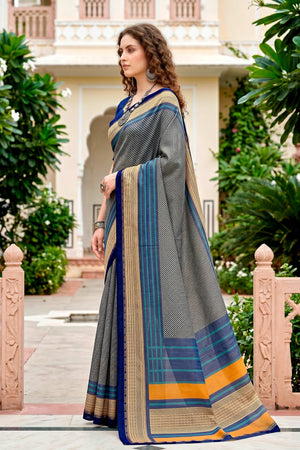 Steel Grey Cotton Blend Woven Work Traditional Saree