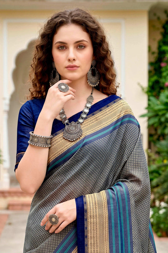 Steel Grey Cotton Blend Woven Work Traditional Saree