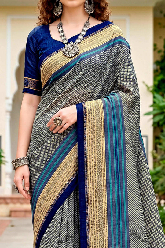 Steel Grey Cotton Blend Woven Work Traditional Saree