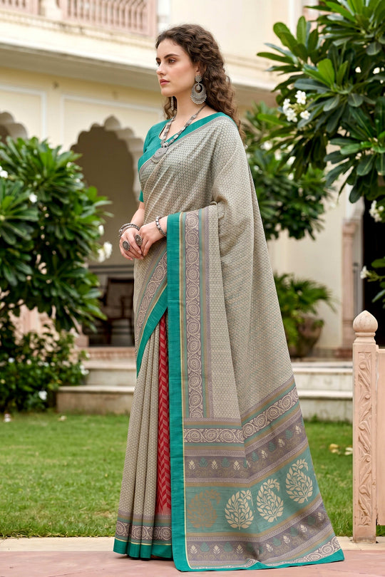 Stone Grey Cotton Blend Woven Work Traditional Saree