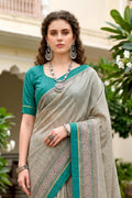 Stone Grey Cotton Blend Woven Work Traditional Saree