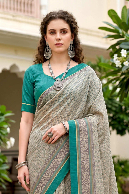 Stone Grey Cotton Blend Woven Work Traditional Saree