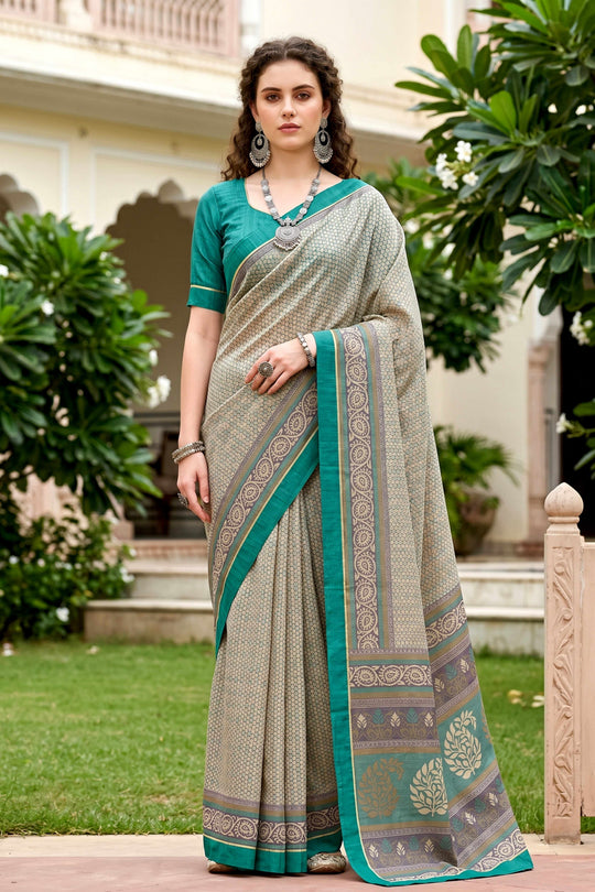 Stone Grey Cotton Blend Woven Work Traditional Saree