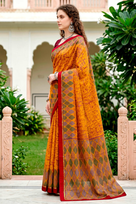 Mustard Yellow Cotton Blend Woven Work Traditional Saree