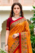 Mustard Yellow Cotton Blend Woven Work Traditional Saree