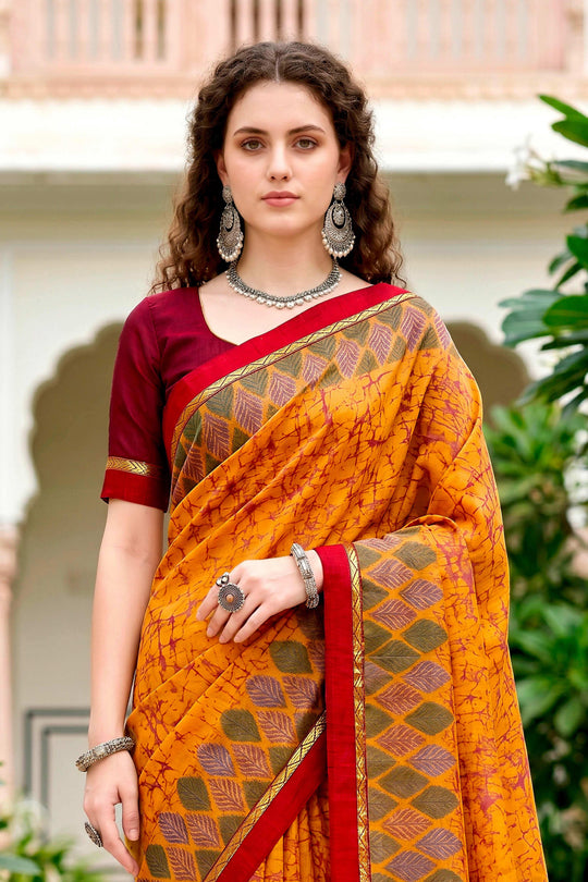Mustard Yellow Cotton Blend Woven Work Traditional Saree
