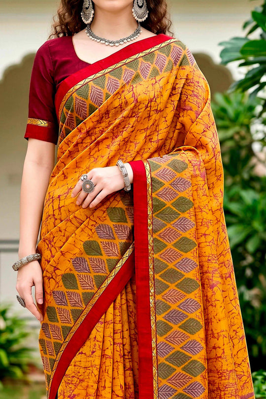 Mustard Yellow Cotton Blend Woven Work Traditional Saree