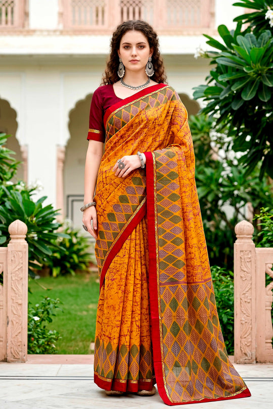 Mustard Yellow Cotton Blend Woven Work Traditional Saree