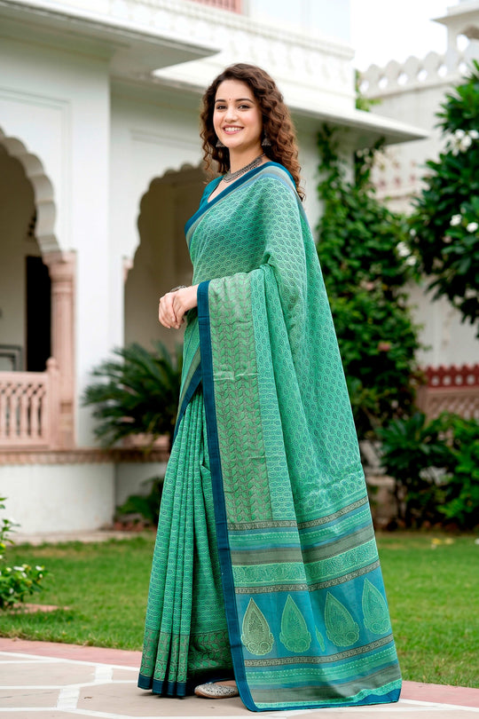 Mint Green Cotton Blend Woven Work Traditional Saree